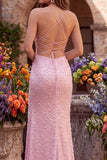 Vestido de baile de baile com pérolas de sereia cor-de-rosa, alças finas, renda em contas, com fenda