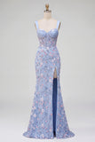 Vestido de baile longo floral com bordado de espartilho azul transparente em cetim e sereia