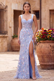 Vestido de baile longo floral com bordado de espartilho azul transparente em cetim e sereia