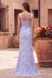 Vestido de baile longo floral com bordado de espartilho azul transparente em cetim e sereia