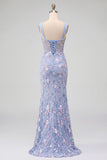Vestido de baile longo floral com bordado de espartilho azul transparente em cetim e sereia