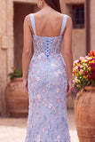 Vestido de baile longo floral com bordado de espartilho azul transparente em cetim e sereia