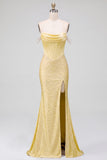 Vestido de baile de finalista, sereia amarela de cetim de cetim com pérolas com missangas e vestido de baile