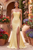 Vestido de baile de finalista, sereia amarela de cetim de cetim com pérolas com missangas e vestido de baile
