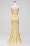 Vestido de baile de finalista, sereia amarela de cetim de cetim com pérolas com missangas e vestido de baile