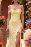 Vestido de baile de finalista, sereia amarela de cetim de cetim com pérolas com missangas e vestido de baile