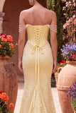 Vestido de baile de finalista, sereia amarela de cetim de cetim com pérolas com missangas e vestido de baile