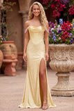 Vestido de baile de finalista, sereia amarela de cetim de cetim com pérolas com missangas e vestido de baile