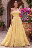 Vestido de baile de finalistas amarelo, A-Line A-Line Brodado Sem Alças, Bordado Floral Pérola Amarelo