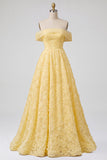 Vestido de baile de finalistas amarelo, A-Line A-Line Brodado Sem Alças, Bordado Floral Pérola Amarelo