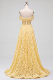 Vestido de baile de finalistas amarelo, A-Line A-Line Brodado Sem Alças, Bordado Floral Pérola Amarelo