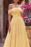 Vestido de baile de finalistas amarelo, A-Line A-Line Brodado Sem Alças, Bordado Floral Pérola Amarelo