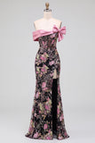 Espartilho de flores pretas cor-de-rosa com ombros caídos, lantejoulas, vestido comprido de baile de sereia com laço