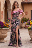 Espartilho de flores pretas cor-de-rosa com ombros caídos, lantejoulas, vestido comprido de baile de sereia com laço