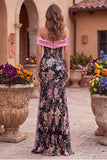 Espartilho de flores pretas cor-de-rosa com ombros caídos, lantejoulas, vestido comprido de baile de sereia com laço