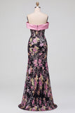 Espartilho de flores pretas cor-de-rosa com ombros caídos, lantejoulas, vestido comprido de baile de sereia com laço