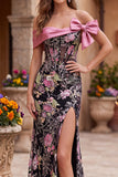 Espartilho de flores pretas cor-de-rosa com ombros caídos, lantejoulas, vestido comprido de baile de sereia com laço
