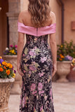 Espartilho de flores pretas cor-de-rosa com ombros caídos, lantejoulas, vestido comprido de baile de sereia com laço