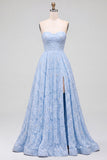 Vestido de Baile Azul A-Line Floral com Missangas e Alças, Vestido de Baile Longo Sem Alças com Fenda