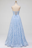 Vestido de Baile Azul A-Line Floral com Missangas e Alças, Vestido de Baile Longo Sem Alças com Fenda