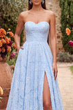 Vestido de Baile Azul A-Line Floral com Missangas e Alças, Vestido de Baile Longo Sem Alças com Fenda