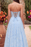 Vestido de Baile Azul A-Line Floral com Missangas e Alças, Vestido de Baile Longo Sem Alças com Fenda