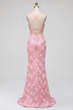 Sereia 3D Apliques Florais 3D com Lantejoulas Cor-de-rosa Vestido de Baile com alças finas e abertura