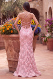 Sereia 3D Apliques Florais 3D com Lantejoulas Cor-de-rosa Vestido de Baile com alças finas e abertura
