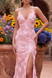 Sereia 3D Apliques Florais 3D com Lantejoulas Cor-de-rosa Vestido de Baile com alças finas e abertura