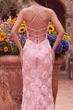 Sereia 3D Apliques Florais 3D com Lantejoulas Cor-de-rosa Vestido de Baile com alças finas e abertura