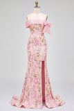 Vestido de baile cor-de-rosa com bordado floral de sereia desnudo e fenda lateral