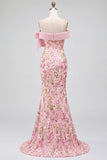 Vestido de baile cor-de-rosa com bordado floral de sereia desnudo e fenda lateral