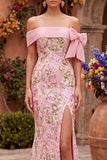 Vestido de baile cor-de-rosa com bordado floral de sereia desnudo e fenda lateral