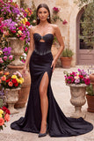 Vestido Maxi Strapless Strapless com Corset Preto Cetim Cortado com Missangas e Abertura Lateral