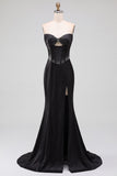 Vestido Maxi Strapless Strapless com Corset Preto Cetim Cortado com Missangas e Abertura Lateral