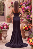 Vestido Maxi Strapless Strapless com Corset Preto Cetim Cortado com Missangas e Abertura Lateral