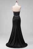 Vestido Maxi Strapless Strapless com Corset Preto Cetim Cortado com Missangas e Abertura Lateral