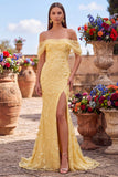Vestido de baile de finalistas com lantejoulas de sereia amarela e lantejoulas com fenda