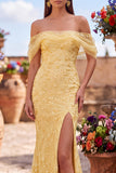 Vestido de baile de finalistas com lantejoulas de sereia amarela e lantejoulas com fenda