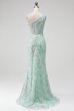 Vestido de Baile de finalistas com lantejoulas com um ombro e uma sereia verde