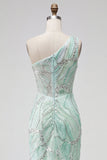 Vestido de Baile de finalistas com lantejoulas com um ombro e uma sereia verde