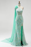 Vestido longo de concurso verde com lantejoulas de um ombro com flores em tule 3D drapeado com fenda