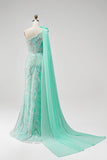Vestido longo de concurso verde com lantejoulas de um ombro com flores em tule 3D drapeado com fenda