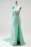 Vestido longo de concurso verde com lantejoulas de um ombro com flores em tule 3D drapeado com fenda