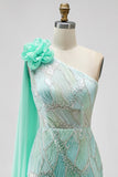 Vestido longo de concurso verde com lantejoulas de um ombro com flores em tule 3D drapeado com fenda