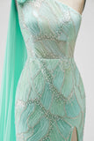 Vestido longo de concurso verde com lantejoulas de um ombro com flores em tule 3D drapeado com fenda