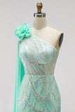 Vestido longo de concurso verde com lantejoulas de um ombro com flores em tule 3D drapeado com fenda