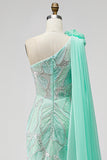 Vestido longo de concurso verde com lantejoulas de um ombro com flores em tule 3D drapeado com fenda