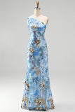 Vestido comprido de baile azul de sereia com missangas com lantejoulas brilhantes de um ombro