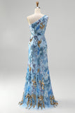Vestido comprido de baile azul de sereia com missangas com lantejoulas brilhantes de um ombro